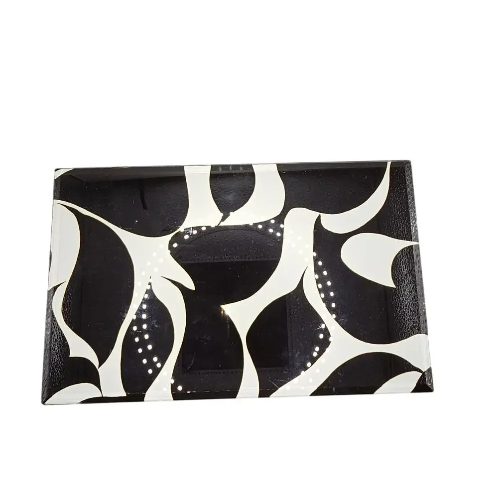 Trina Turk Mirror Print Jewelry Trinket Box Black White Wave Design Gold Trim
